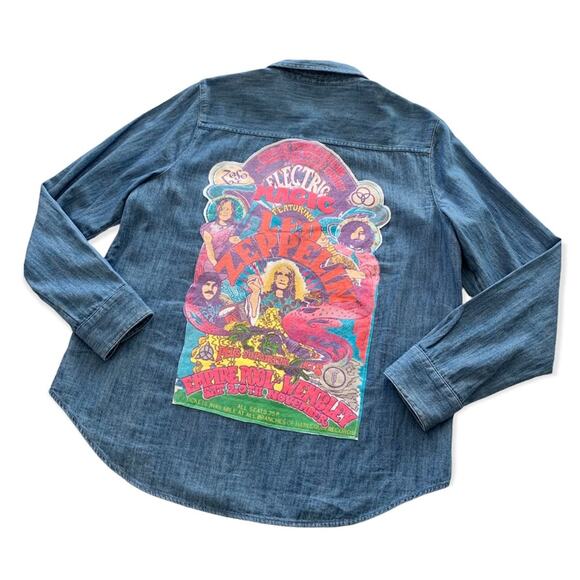 Via Penny Lane Reworked Apparel | Led Zeppelin Denim Button Up Shirt - Picture 1 of 8